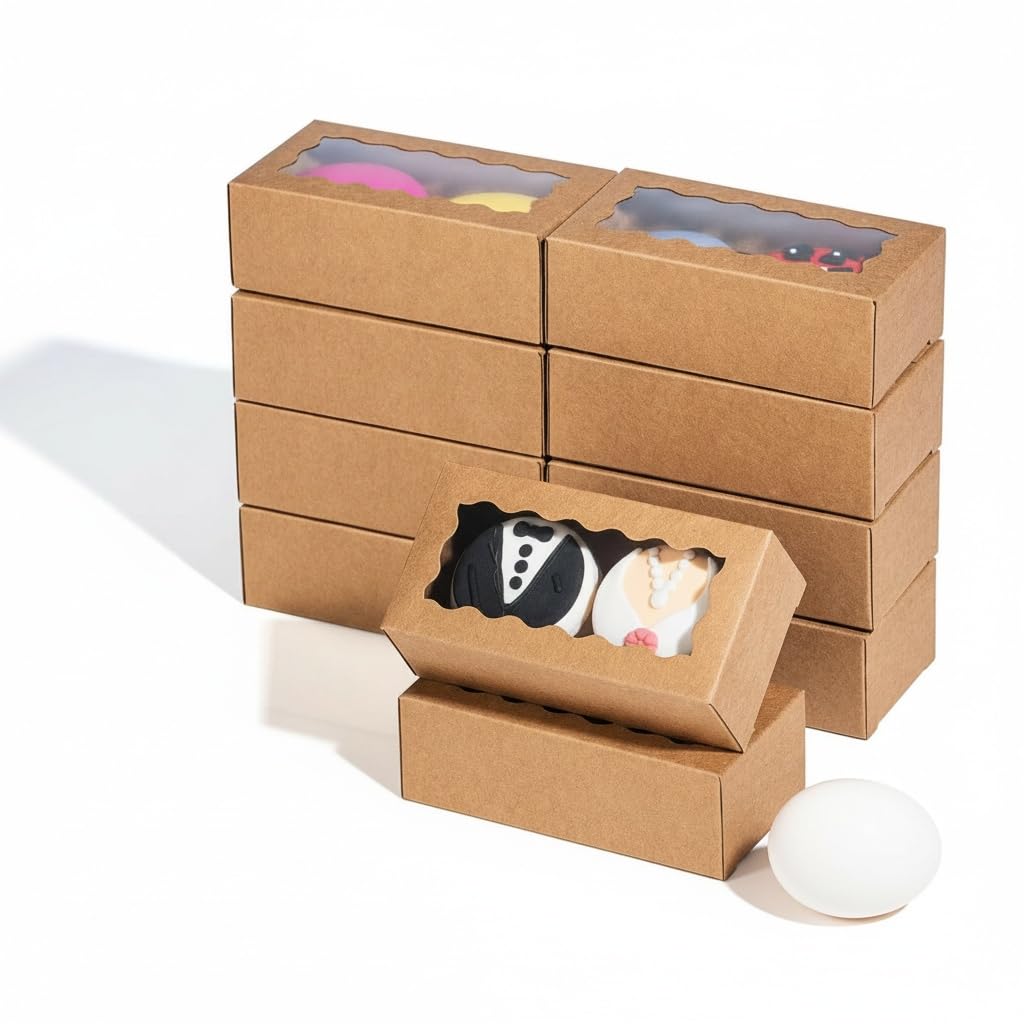 JCXGRVC 24PCS 4.17x2.16x1.37 Inches Natural Brown Macaron Boxes with Clear Display Window, Great for Party, Candy Treat Boxes