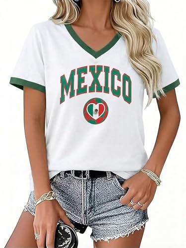 La mejor selección de Jerseys para Mujer los 10 mejores. 41 playera de fútbol de la Copa 2026 para mujer, camisetas de México, camisetas divertidas con gráficos de fútbol Y2k con cuello en V, Blanco-mexico, X-Large