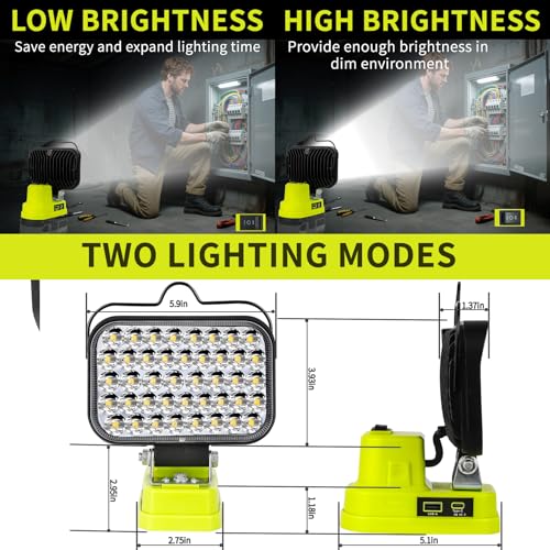 Image of Cordless LED Work Light Compatible with Ryobi 18V Battery, 90W 7000LM Flood Light with USB & Type-C, Low Voltage Protection for Garage Outdoor Job Site Lighting (No Battery)
