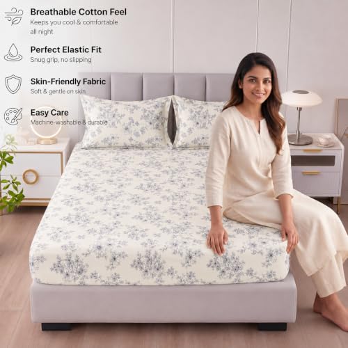 Image of BSB HOME 240 TC Premium Double Bed Fitted Bedsheet, Soft Comfortable Stretchable Mattress Sheet with Elastic Fitted Corners, Durable Easy Care Bedding, 72 x 72 + 10 Inches(183x183+25 cm) - Cream