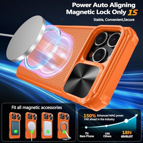 Image of Magnetic for iPhone 17 Pro Max Case with Privacy Screen Protector[Fit for Magsafe][Slide Camera Cover][Kickstand][Military Grade Protection]Shockproof Rugged Case for iPhone 17 Pro Max Orange