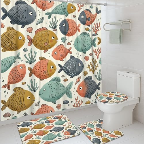 Ensemble rideau de douche poisson bleu 183x183 avec tapis de bain marin