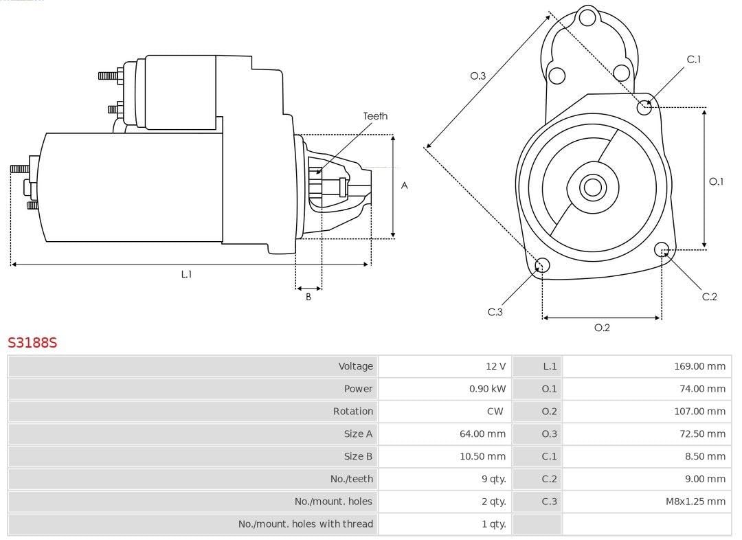 AS-PL MOTORINO AVVIAMENTO 12V Zähnezahl: 9 Senso rotazione orario Compatibilità con FIAT 500 312