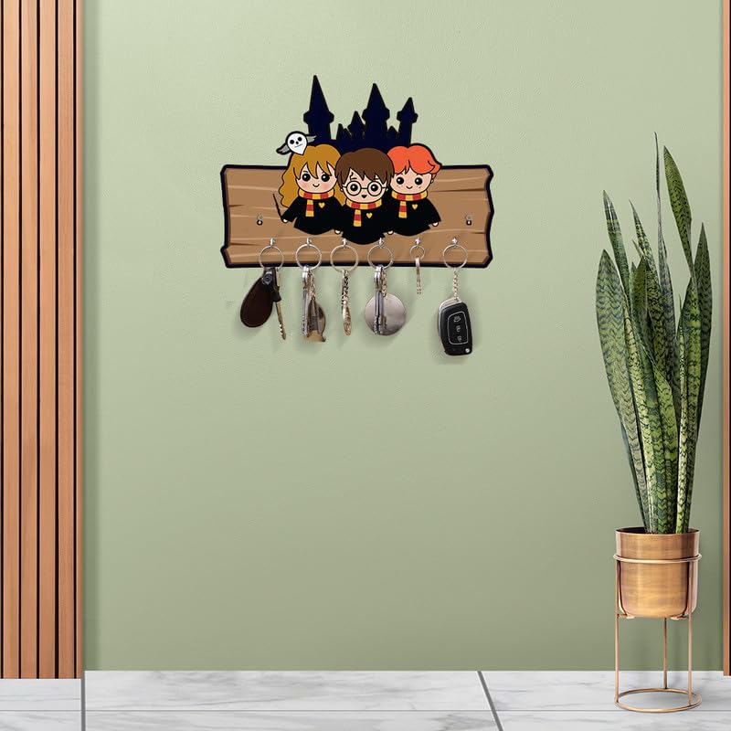 Image of Decorative 3 Harrys Wooden Key Holder for Home Decor Key Hangers Keychain Holder & Key Holder for Wall | No Drilling Required | with 2 Strong Sticker Hooks