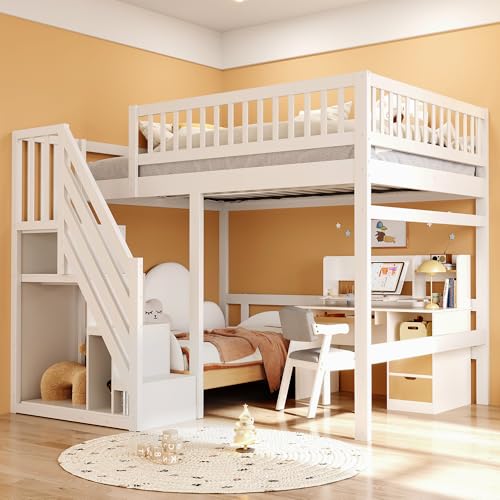 Etagenbett 140x200, Kinderbett Hochbett mit Treppe und Aufbewahrungsschrank, Funktionsbett Doppelbett Stockbett Spielbett Kinderhochbett Jugendhochbett mit Lattenrost, Massivholz, Ohne Matratze, Weiß Etagenbett 140x200, Kinderbett Hochbett mit Treppe und Aufbewahrungsschrank, Funktionsbett Doppelbett Stockbett Spielbett Kinderhochbett Jugendhochbett mit Lattenrost, Massivholz, Ohne Matratze, Weiß