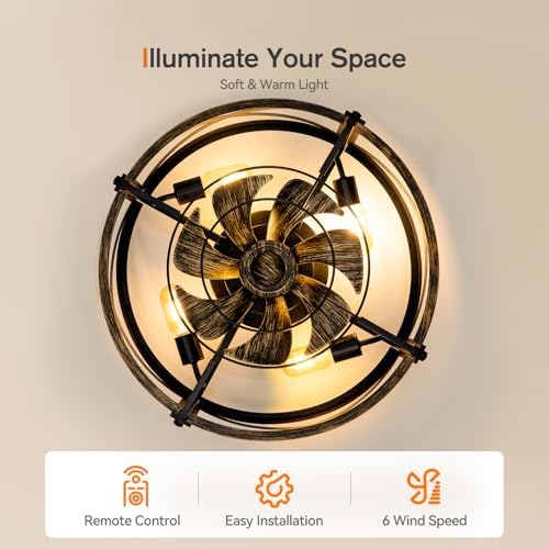 addlon 20 inch Farmhouse Flush Mount Ceiling Fans with Lights and Remote, Small Black Caged Low Profile Fandelier, 6 Speeds Bladeless Ceiling Fan for Bedroom, Kitchen, Living Room, Indoor - 1