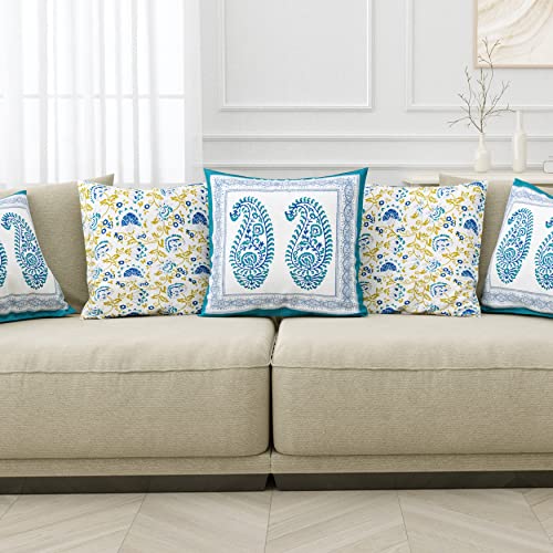 Image of BLOCKS OF INDIA Hand Block Printed Cotton 300 TC Cushion Cover (16 X 16 Inches) (Cushion 3),Blue
