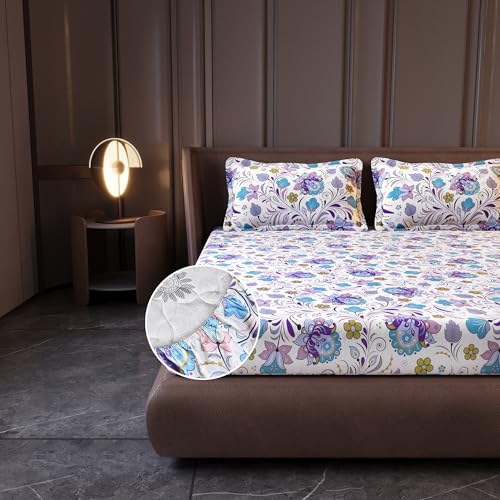 Image of Divine Casa Cotton King Size Bed Sheet Fitted (200 x 180 CM) with 2 Pillow Covers | King Size Fitted Bedsheet | Soft Breathable Elastic Bedsheet King Size | Mattress Sheet 200x180