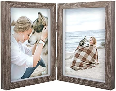 AEVETE 5x7 Double Picture Frames Hinged Wood Folding Picture Frames Vertically Display, Real Glass Front, Gray