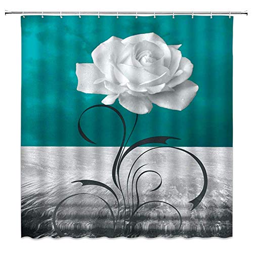 AMHNF Blue Rose Shower Curtain White Rose Flower Black Abstract Leaf Gray Dark Teal Background Modern Prints Home Bathroom Decor Quick Dry Fabric Curtain with Hooks?White Grey