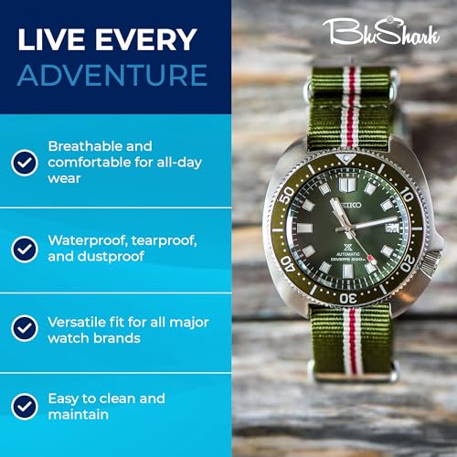 Image of BluShark - Original Collection Military-Style Waterproof Watch Strap, Fits All Timepiece Brands, Durable Nylon Wristwatch Accessories with Stainless Steel Buckle - 18mm, 20mm, 22mm & 24mm Watch Bands