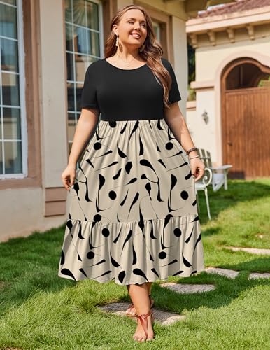 Image of IN'VOLAND Women Plus Size Short Sleeve Dress Loose Plain Casual Summer Flowy Tiered Long Maxi Dresses with Pockets