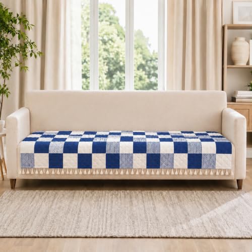 Image of Velvet Quilted Sofa Cover for 1 Seater (24 x 24 Inches) | Blue Check | Anti-Slip Soft Washable Sofa Seat Cover | Furniture Protector with Tassels