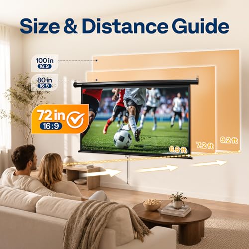 Image of VIVOHOME 72 Inch 16:9 Pull Down Projector Screen, Black | Manual Retractable 4K Projection Screen for Home Theater, Roll Up ALR Movie Screen for Ceiling and Wall Mount