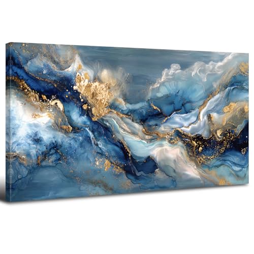 Abstrait Minimaliste Bleu Marine Tableau Decoration Murale Encadré Toile Peinture Vague de Mer Bleu Marine Gris Or Decoration Murale Salon Chambre Maison Deco...