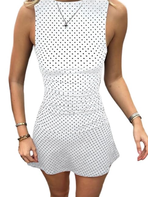Image of Polka Dot Mini Dress for Women Sleeveless Round Neck Bodycon Flared Hem Casual Summer Outfit 2025