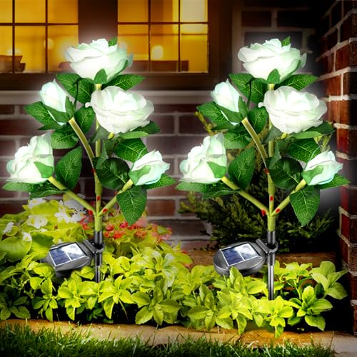 Anordsem Solar Garden Lights Outdoor: 10 Waterproof Fabric Roses - LED Flower Decorations for Yard Patio Path Cemetery Grave - Mother s Day Gift for Her Women Mom Wife 2 Pack White