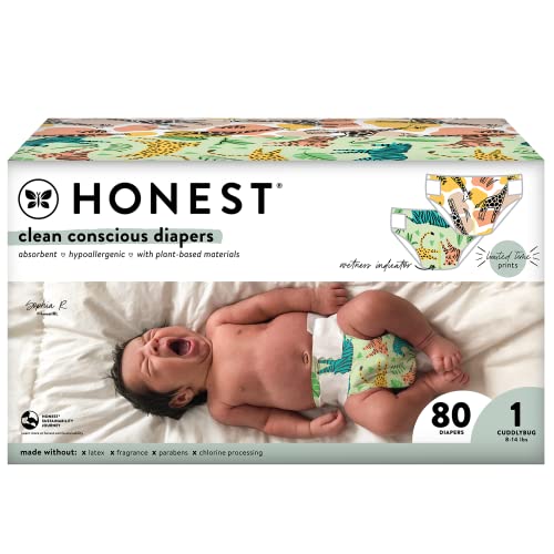 Image of The Honest Company Clean Conscious Diapers | Plant-Based, Sustainable | Stripe Safari & Seeing Spots | Club Box, Size 1 (8-14 lbs), 80 Count