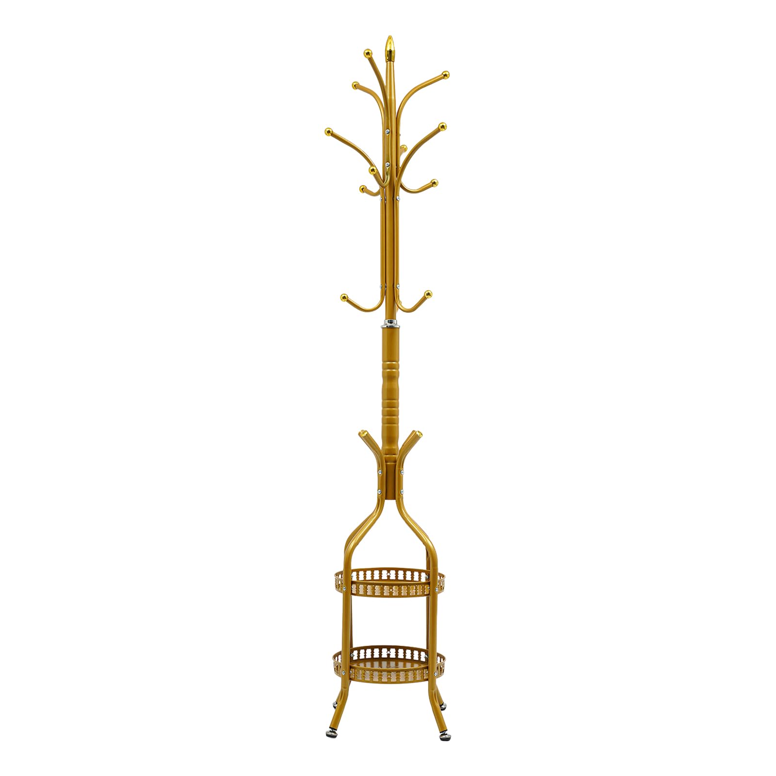 dunghLin Coat Rack Stand with Double Layer Basket, Freestanding Clothes Racks with Multiple Hooks, 72.8in Tall Standing Coat Tree, Gold Hat Rack for Hallways, Bedrooms, Entryways