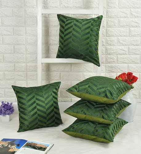 Image of TEXIVA Premium Velvet Cushion Covers Set of 5, 16x16 Inch Sofa Cushion Covers with Hidden Zipper, Modern Chevron Pattern - Green