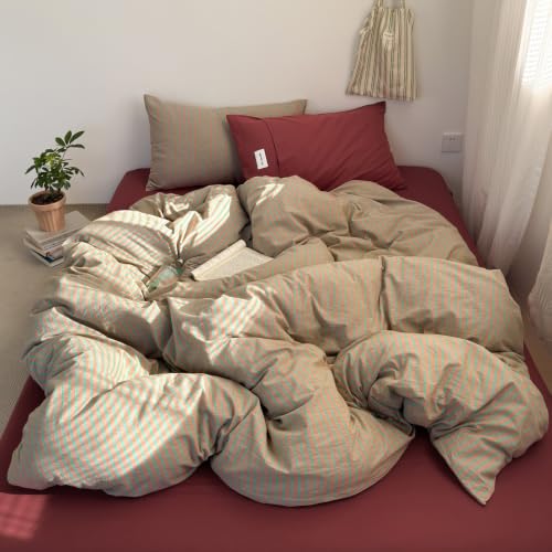 Image of Striped Duvet Cover Set Washed Cotton,Queen(90 inchx90 inch),Pinstripes Terracotta