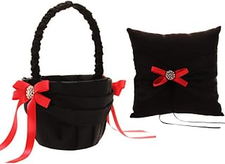 Wedding Flower Girl Basket Ring Pillow Sets, Black & Red Satin Wedding Flower Girls Basket Ring Bearer Pillow, Romantic Flower Girl Baskets + Ring Pillow for Wedding Ceremony Party Favor (Pattern B)