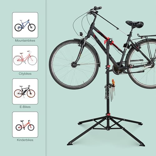 Relaxdays Fahrradmontageständer Reparaturständer mit Werkzeugablage – klappbar & höhenverstellbar – schwarzer Montageständer vierbeinig stabil mit festem Stand – Stahl pulverbeschichtet, 10017183, STANDARD