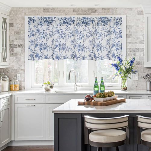 NICETOWN Floral Valance for Windows Kitchen Living Room, Blue and White Porcelain Pattern Rod Pocket Farmhouse Country Rustic Bathroom Small Window Treatment, Linen Blend (52x18 inch, 1 Panel)