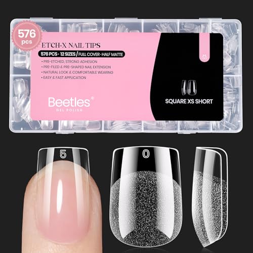 Image of Beetles Extra Short Square Nail Tips: 576PCS 12 Sizes XS Short Square Half Matte Clear False Acrylic Press on Nails Tips Pre-Shape Full Cover Nail Tips Nail Extension DIY