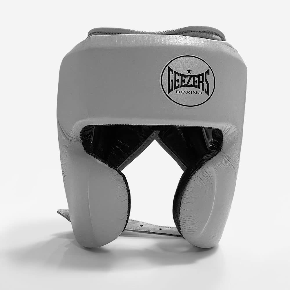 Geezers Boxing Elite Pro 2.0 Sparring Cheek head-guard, Ultra-durable Leather Material, layered padding protection Headguard for Boxing, MMA & Martial Arts, Men and women’s (Large, Light Grey)