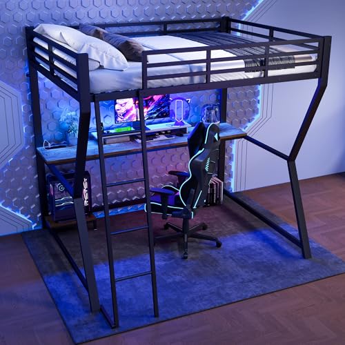 Gxffipw Doppelbett Hochbett 140x200 cm mit Rausfallschutz und LED-Licht, Jugendbett Etagenbett mit Schreibtisch und USB, Metallbett Bettrahmen mit...