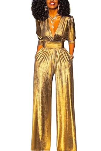 UOOZEE Women's Summer Wide Leg Jumpsuits Dressy V Neck 3/4 Sleeve Casual Pants Rompers 2024 Vacation Outfits, Gold M