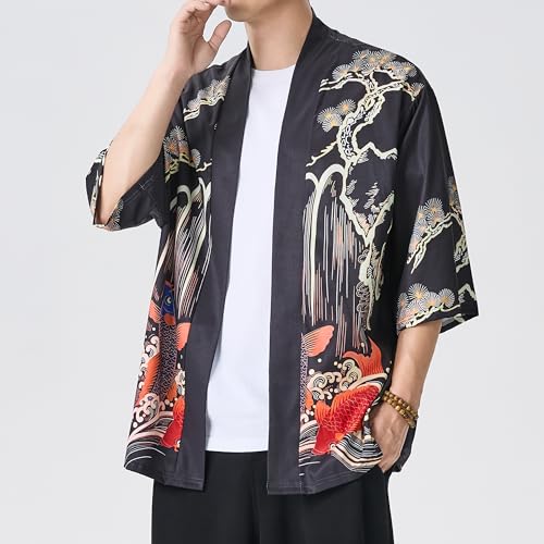 Image of Men's Japanese Kimono Robe Jacket Lightweight 3 /4 Sleeve Open Front Yukata | Silky Smooth Fashion Print Happi Coat Lightweight Breathable Loose Unisex Haori Casual Summer Cardigan Daily Beach Vacation
