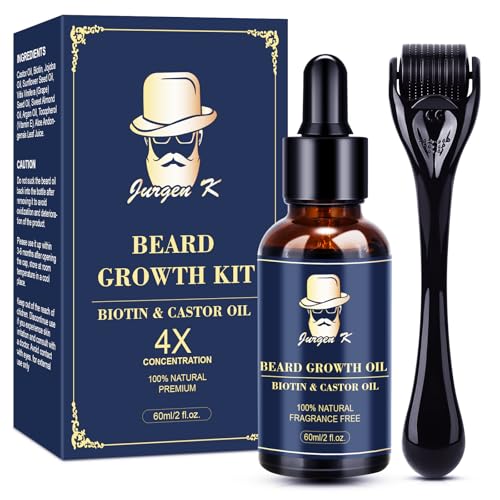 Jurgen K Beard Growth Kit, Upgraded Beard Growth Oil (2Oz) w/Biotin & Castor Oil, Beard Massager for Patchy/Spot Beard, Beard Kit for Men's Daily Grooming, Valentines Gifts for Him Boyfriend Husband