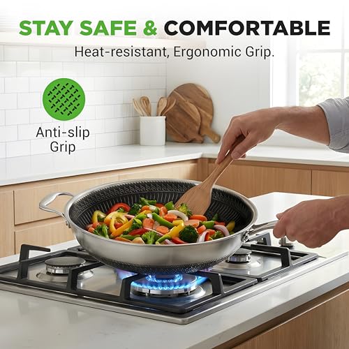 Image of NutriChef 7-Piece Cookware Set Stainless Steel - Triply Kitchenware Pans Set Kitchen Cookware w /DAKIN Etching Non-Stick Coating - Small, Medium, & Large Stir Fry Pan with Lid, Wok - NC3PLY7S