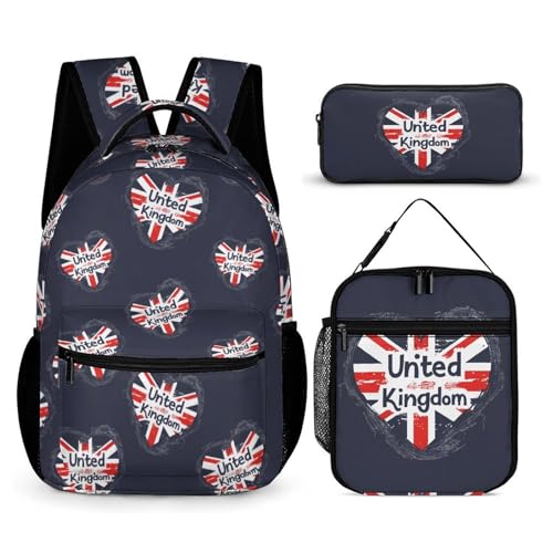 I Love United Kingdom Funny Backpack Set with Lunch Bag And Pencil Case Lightweight Bags Sets