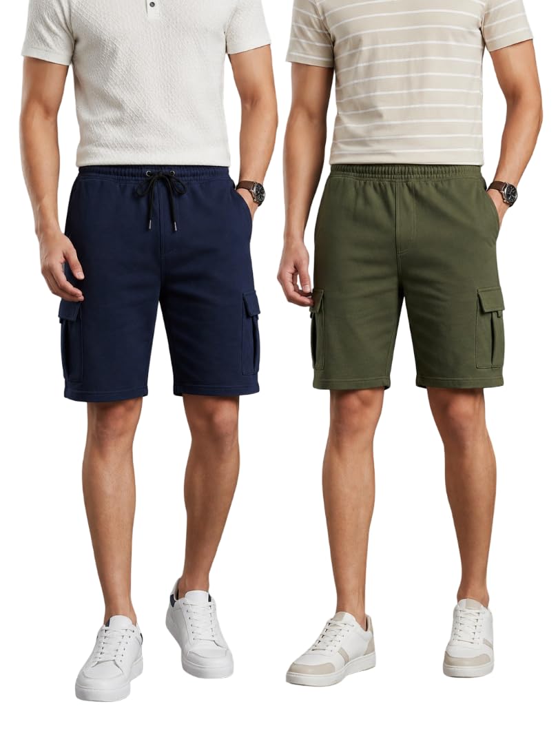 alza Men's Cotton Cargo Shorts Combo Pack of 2 | Black & Grey Solid Casual Sweat Shorts | Regular Fit Drawstring Elastic Waist | 5 Pocket Gym Workout Jogger Running Lounge Sports Shorts-picture-28