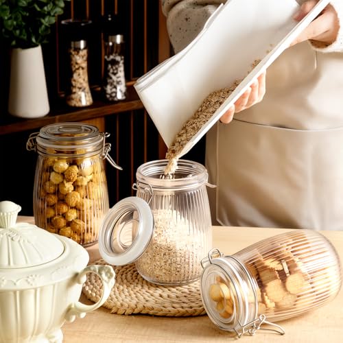 Image of 32 oz Wide Mouth Glass Mason Jars with Airtight Lid 9 Pack, Glass Canister, Striped Clip Fastening Jar for Kitchen Storage Canning, Oat, Coffee, Pasta, Snack, Nut, Candy and Pickling Food