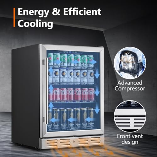 24 Inch Under Counter Beverage Fridge -Max 164Cans Capacity Drink cooler,Wide 24''Perfectly for Built in Space, Adjustable shelves for any size beverage/beer/soda Transparent door Refrigerator on Fridge.com