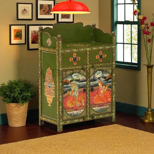 Image of APRODZ Hand-Painted Solid Wood Sideboard Cabinet | Wooden Storage Cabinet for Bedroom Living Room & Kitchen | Crockery Cabinet, Kitchen Storage | Multicolor, 28x14x47 Inches