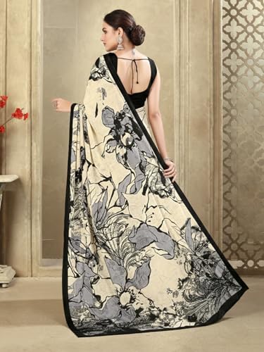 Image of SIRIL Women's Crepe Silk Printed Saree with Unstitched Blouse Piece