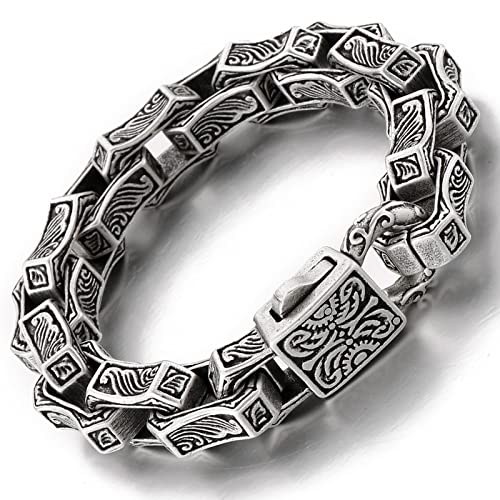 Cuban Link Bracelet for Men Stainless Steel Wave Engraved Chain Men's Bracelet Vintage Silver Bracelet for Men Unique Jewelry Gifts for Him