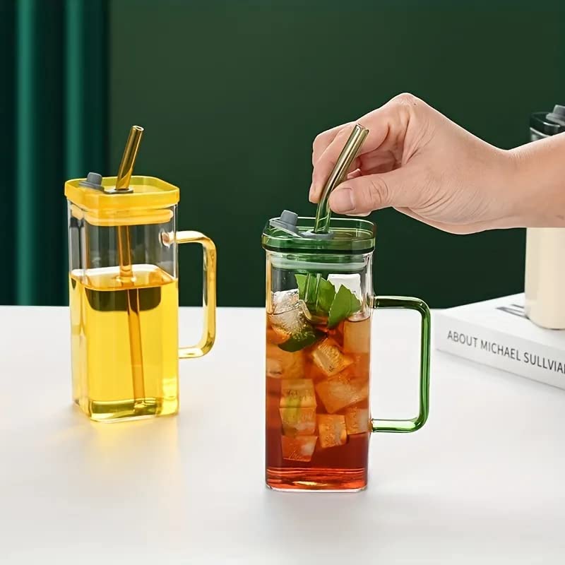 Image of KHOLAD Square Glass Mugs with Colored Handle Pack of 1, Drinking Glasses Tumbler with Lids and Straws Iced Coffee Cups, 400ml Wide Mouth Glass Sipper for Home Office Summer Party (Mug)