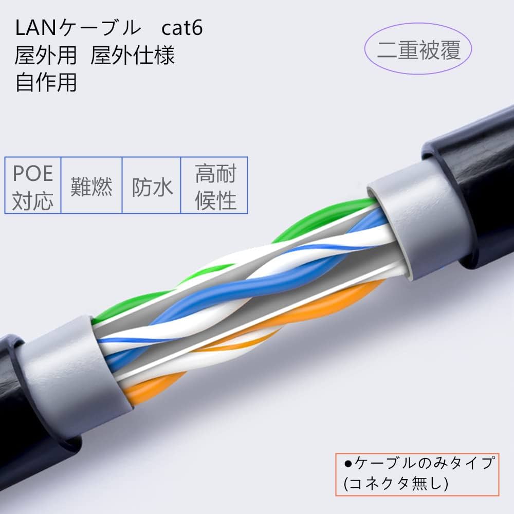 100m PoE防犯カメラ対応 Cat6 屋外高耐久LANケーブルコネクタ無し 楽天市場】50m LANケーブル 屋外 CAT6A LAN コネクタ POEハブ