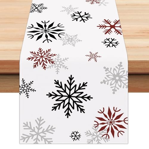 Bonhause Snowflakes Winter Christmas Table Runner 13 x 90 Inch Red Black Grey Xmas Snowflake Holiday Kitchen Dinning Table Decoration for Indoor Outdoor Home Party Decor