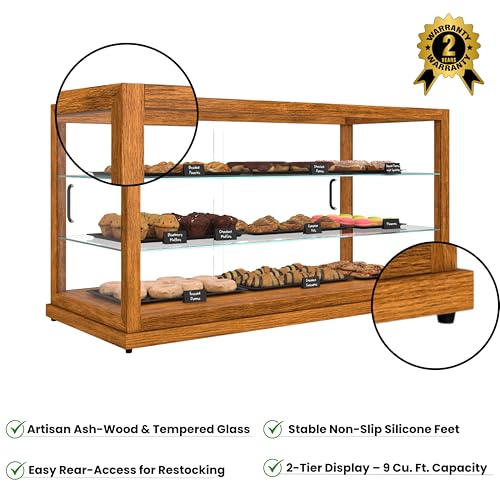 Image of KoolMore 44 in. Horizontal Light Wood Countertop Dry Bakery Display Case, Large Bread, Pastry and Dessert Display with Tempered Glass