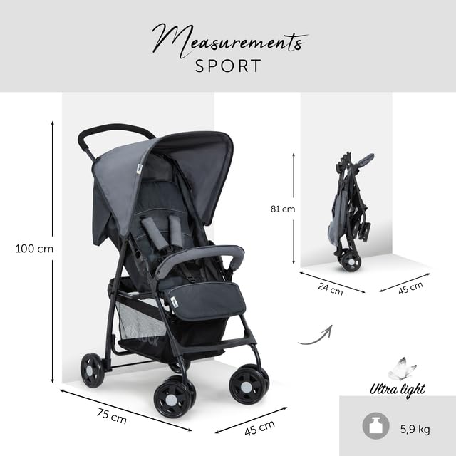 Image of Hauck Sport Baby Stroller - Lightweight Foldable Pushchair with Reclining Seat & Adjustable Footrest, Swivel & Lockable Front Wheels, 5-Point Harness, XL Storage Basket, Suitable from Birth to 3 Years (Up to 15 kg), Charcoal /Stone