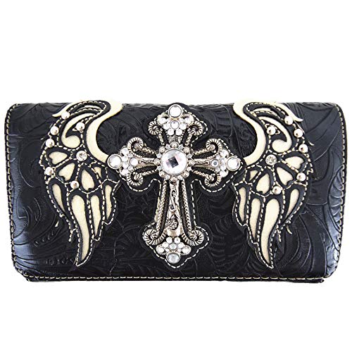 Western Style Rhinestone Cross Studded Laser Cut Wings Tooled Leather Purse Women Handbags Country Shoulder Bag Wallet Set3