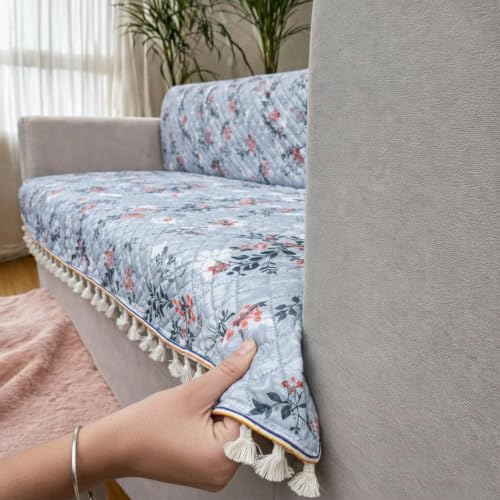 Image of Homerz Premium Printed Quilted Velvet Sofa Slip Cover Protector with Tassels, Sofa Mat, Exact Size, Antislip Cover (Grey Autumn, 1 Seater, Full)