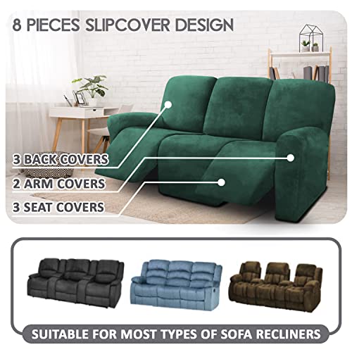 Ulticor 8-Pieces Recliner Sofa Covers Velvet Stretch Reclining Couch Covers For 3 Cushion Reclining Sofa Slipcovers Furniture Covers Thick Soft Washable (Retro Green) #TOP1